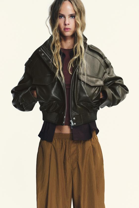 Cropped Faux Leather Bomber Jacket