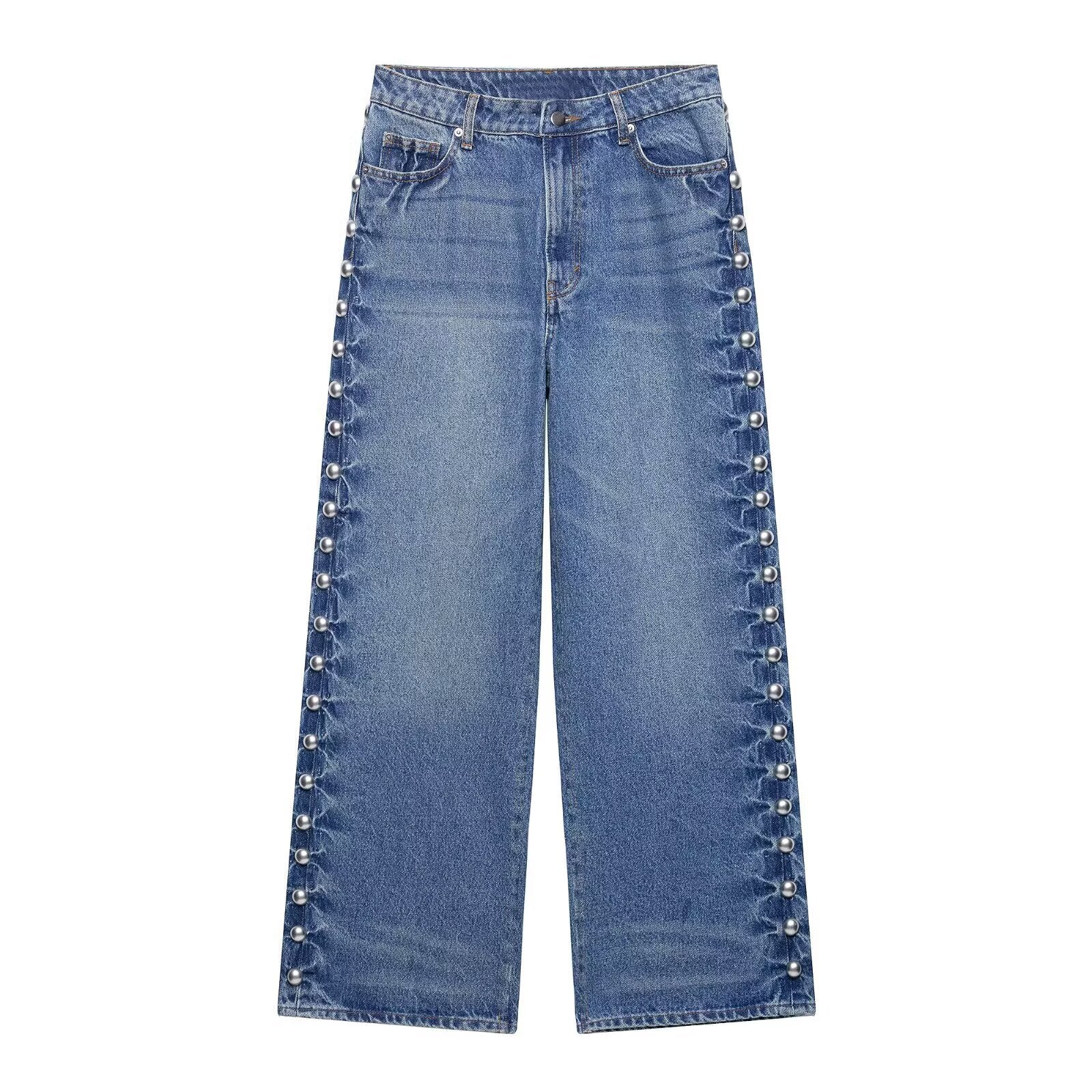 Pearl Trim High Waist Denim Pants