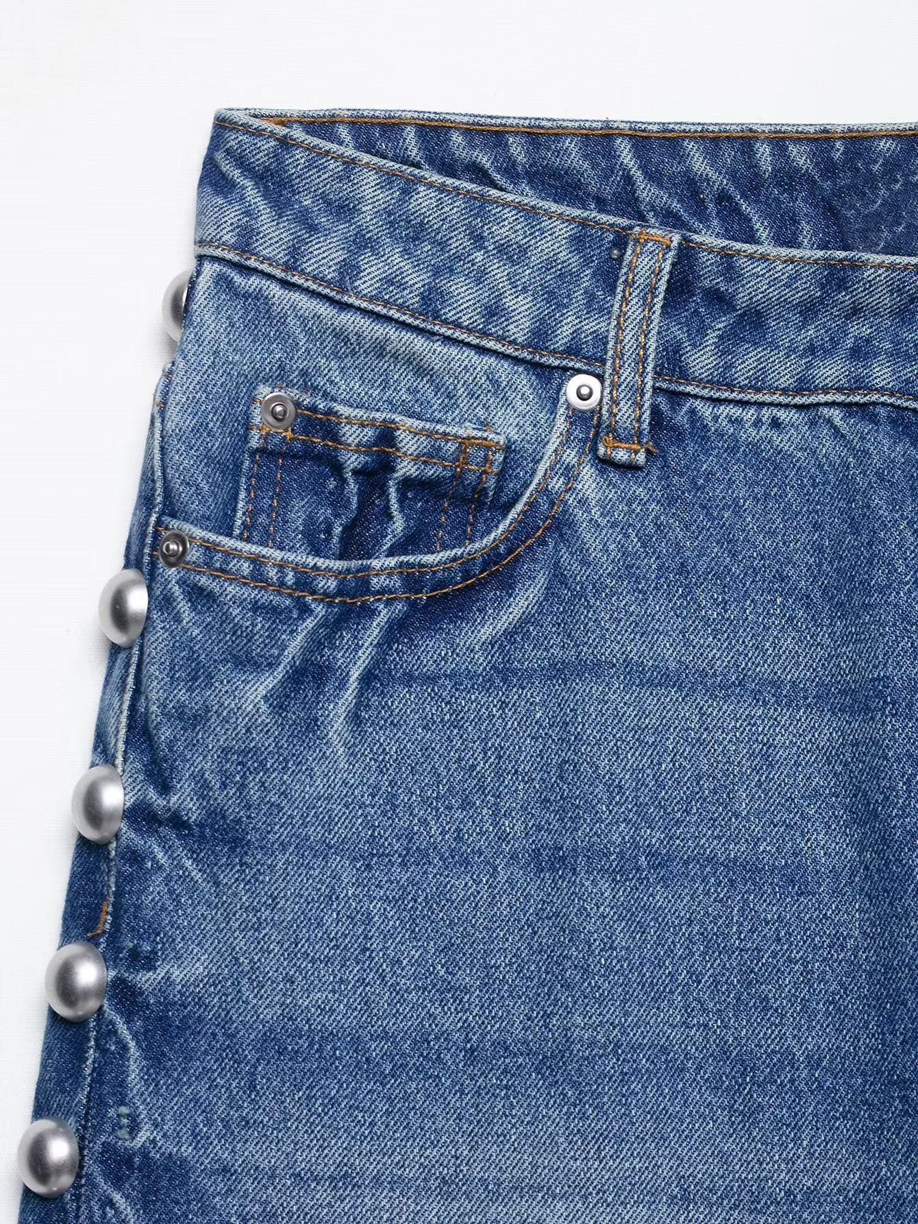 Pearl Trim High Waist Denim Pants