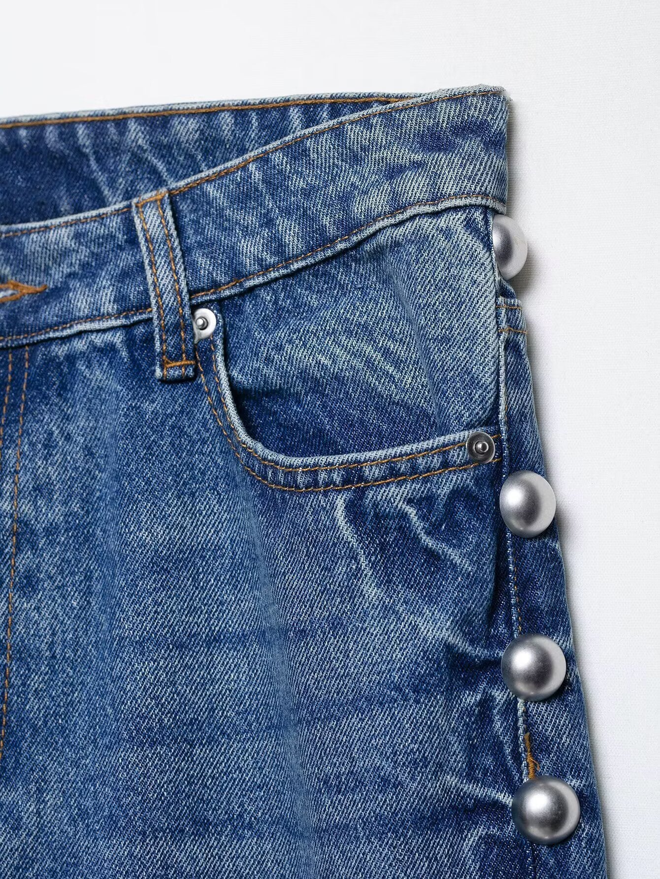 Pearl Trim High Waist Denim Pants