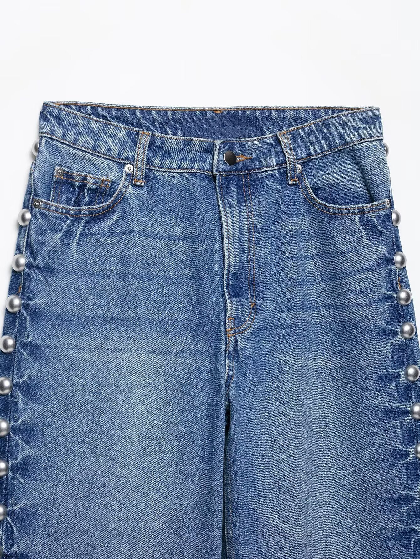 Pearl Trim High Waist Denim Pants