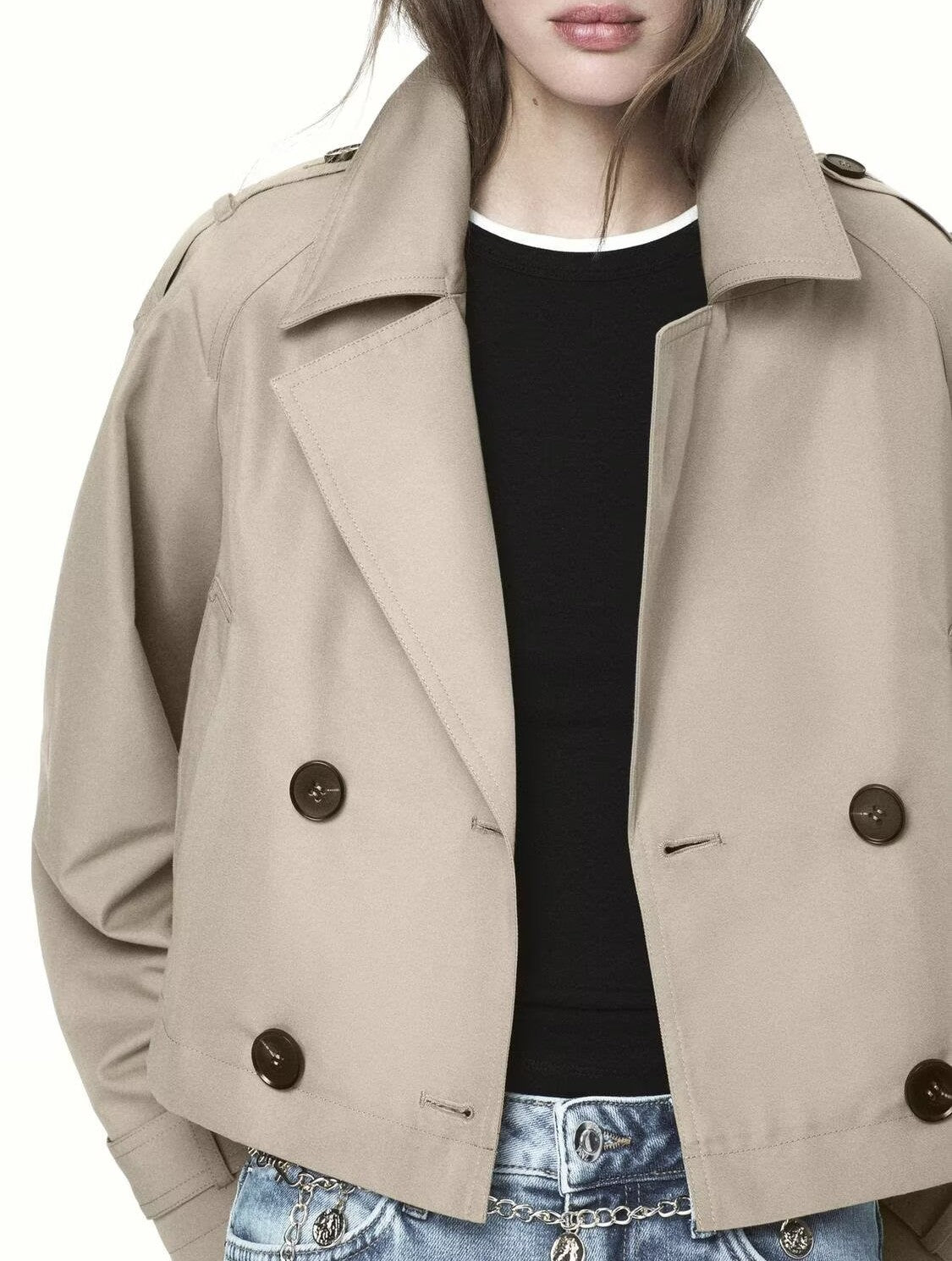 Cropped double breasted trench coat