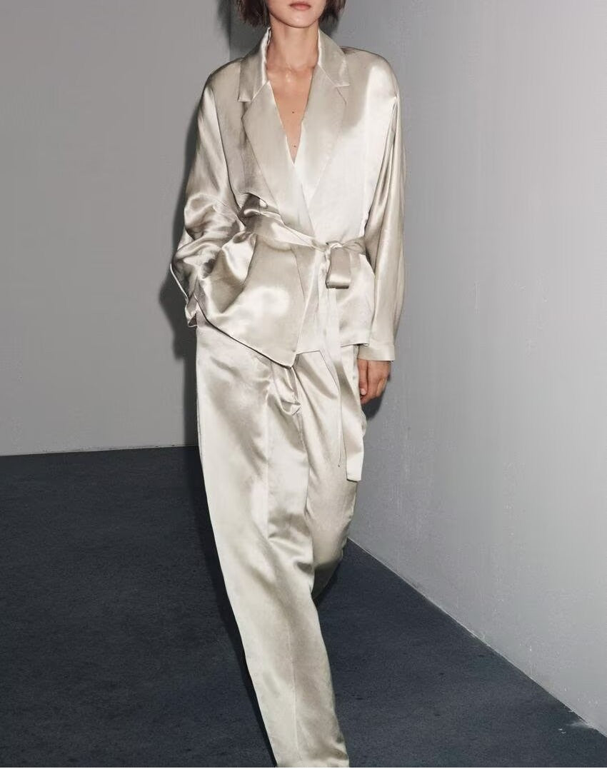 Satin Belted Blazer & Pants Set