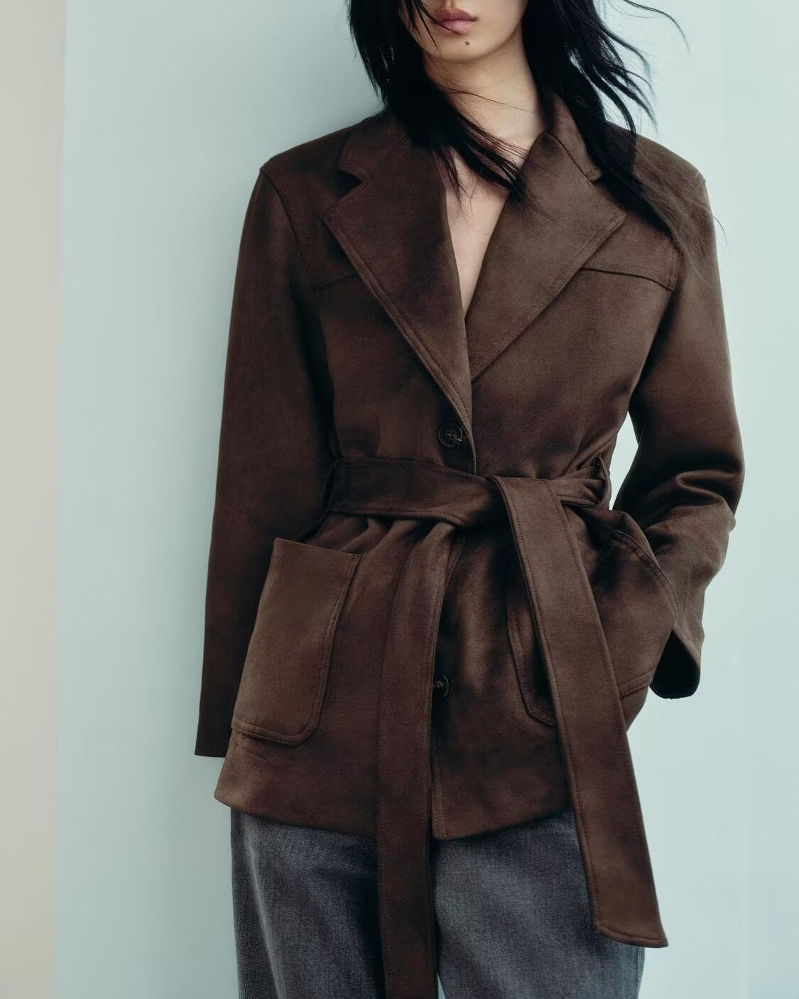Suede Belted Single Breasted Jacket
