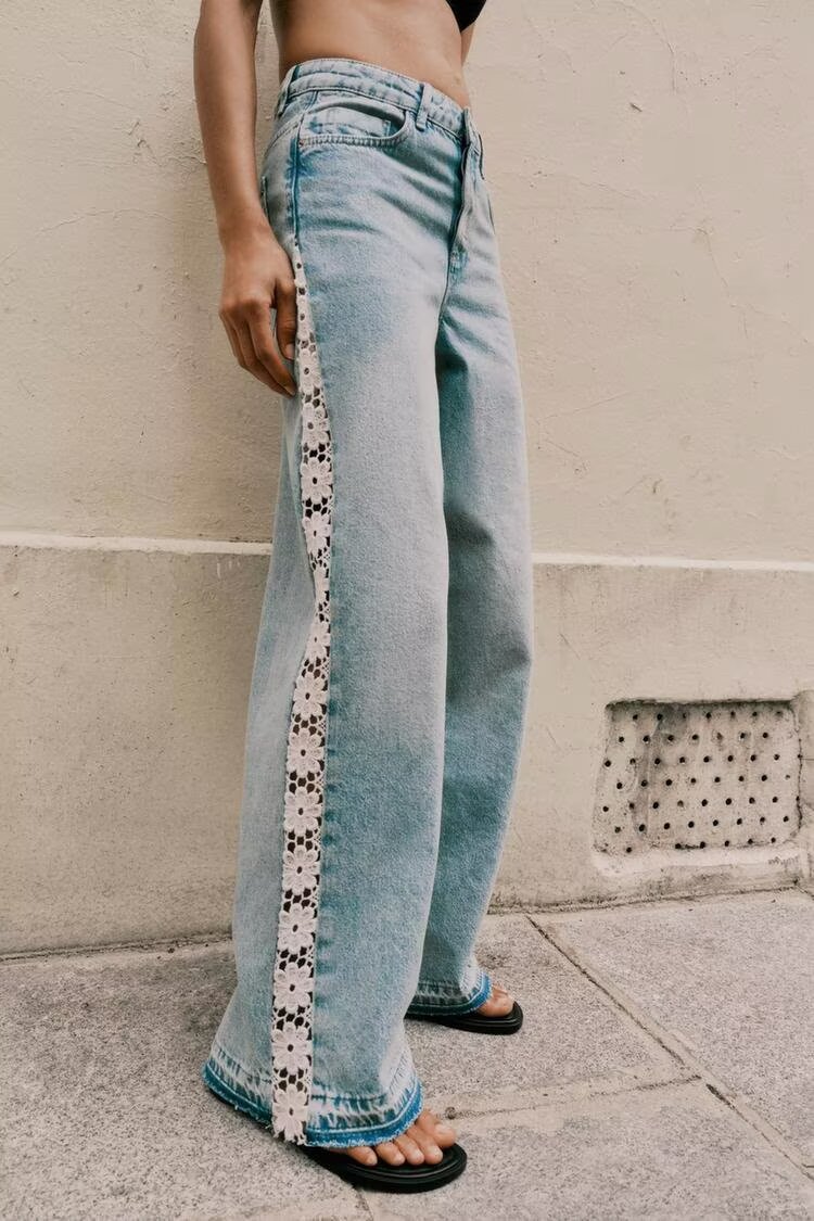 Crochet Trim Wide Leg Jeans