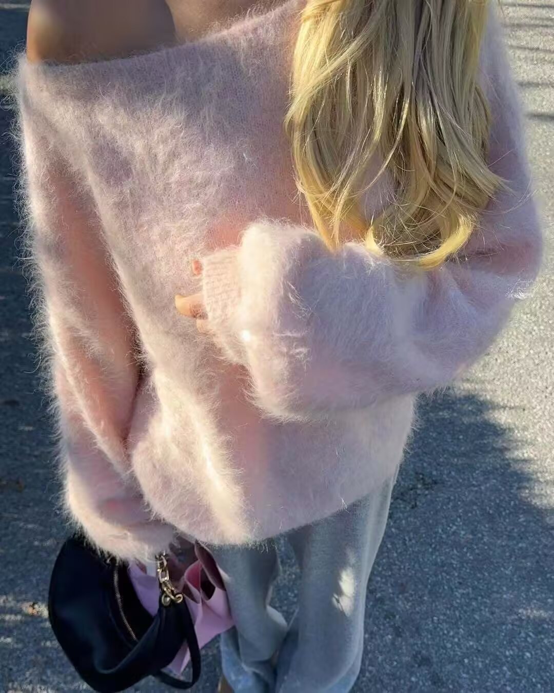Off shoulder fuzzy knit sweater