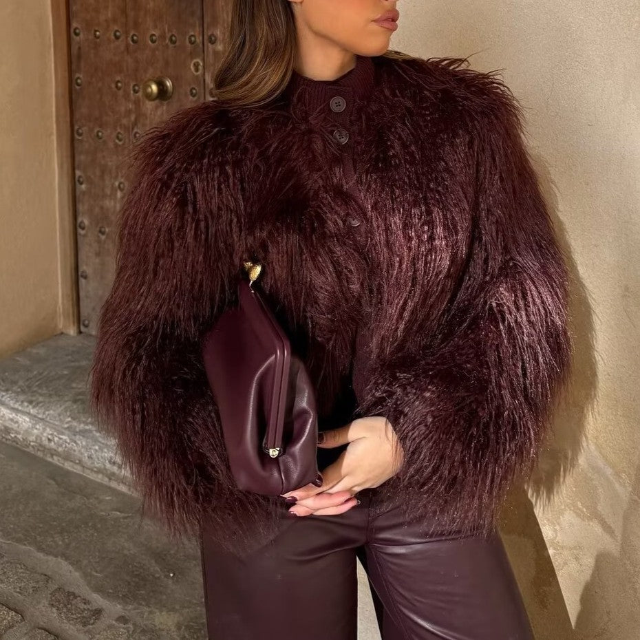 Faux Fur Effect Knitted Coat