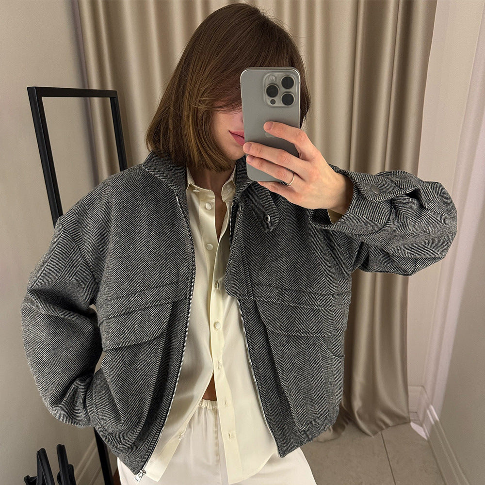 Herringbone Zipper Wool Jacket