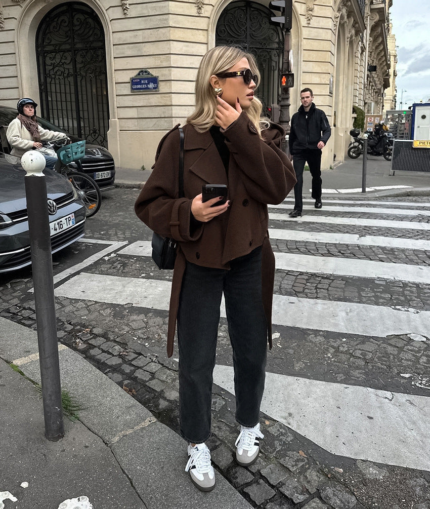 Cropped Wool Blend Double Breasted Coat