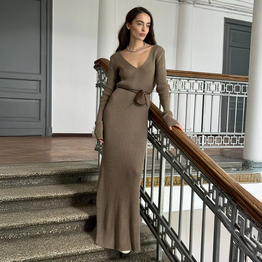 Ribbed V-Neck Knit Maxi Dress
