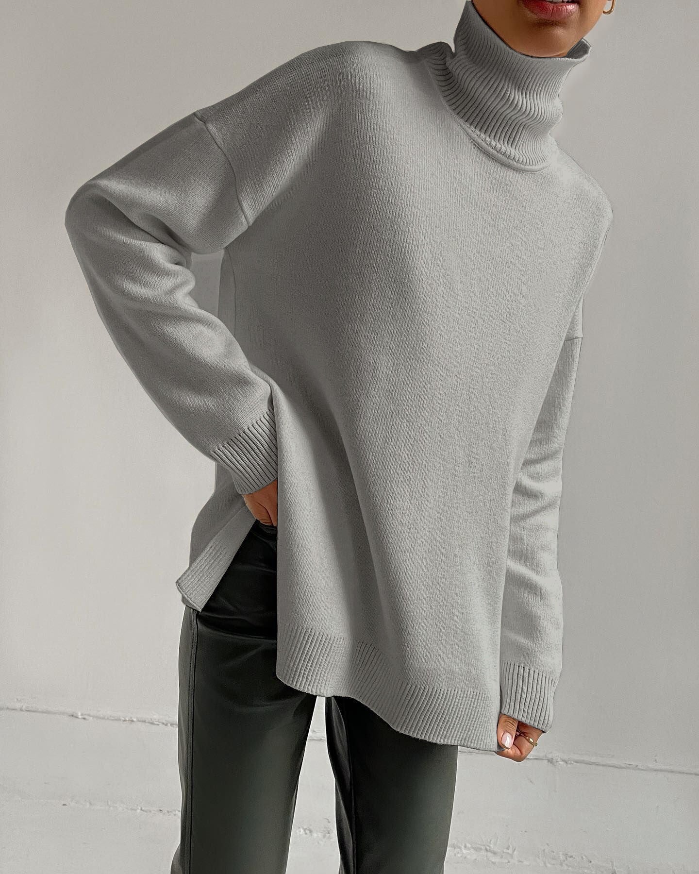 High Neck Side-Slit Knit Sweater