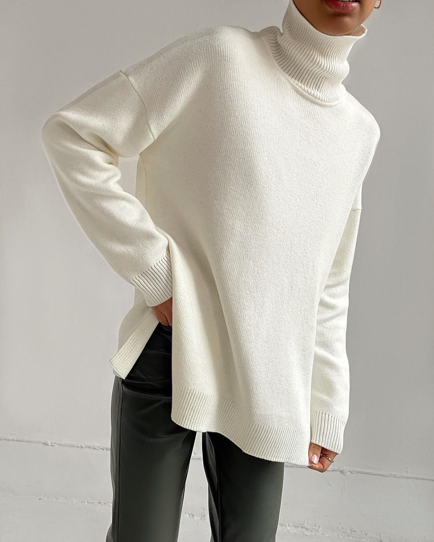 High Neck Side-Slit Knit Sweater