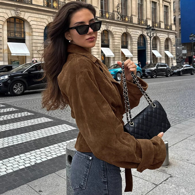 Suede Belted Double Breasted Jacket