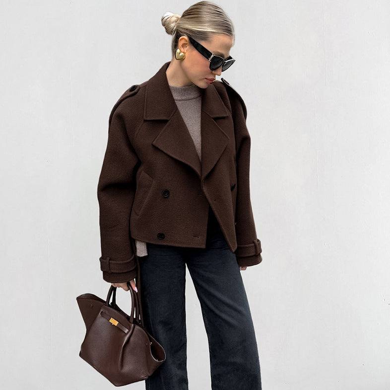 Cropped Wool Blend Double Breasted Coat