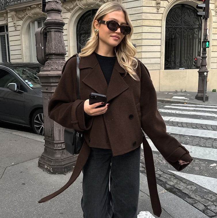 Cropped Wool Blend Double Breasted Coat