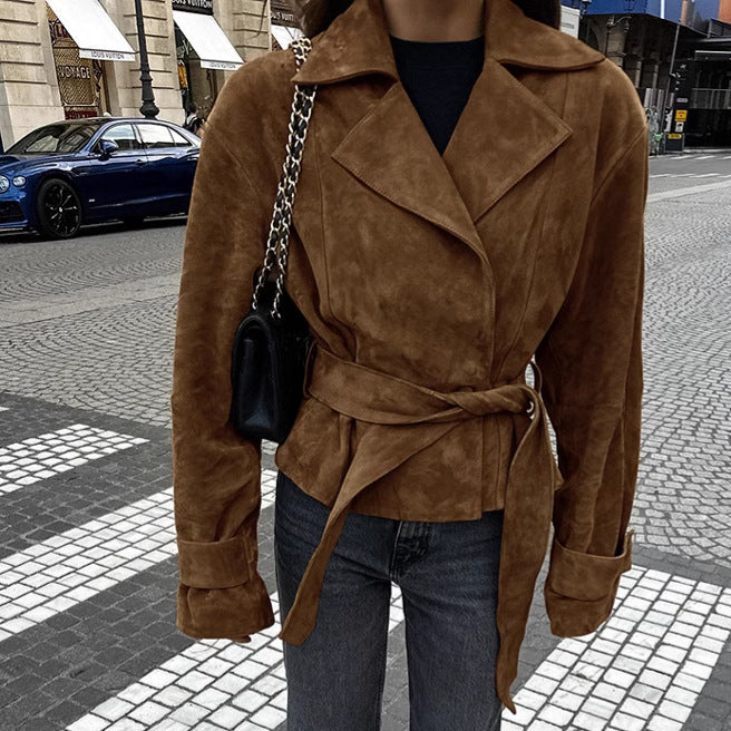 Suede Belted Double Breasted Jacket