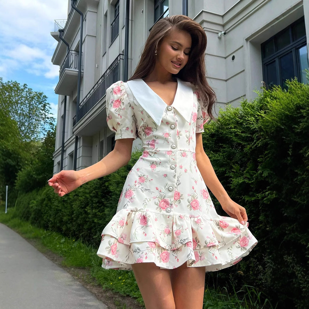 Floral Puff Sleeve Ruffled Mini Dress