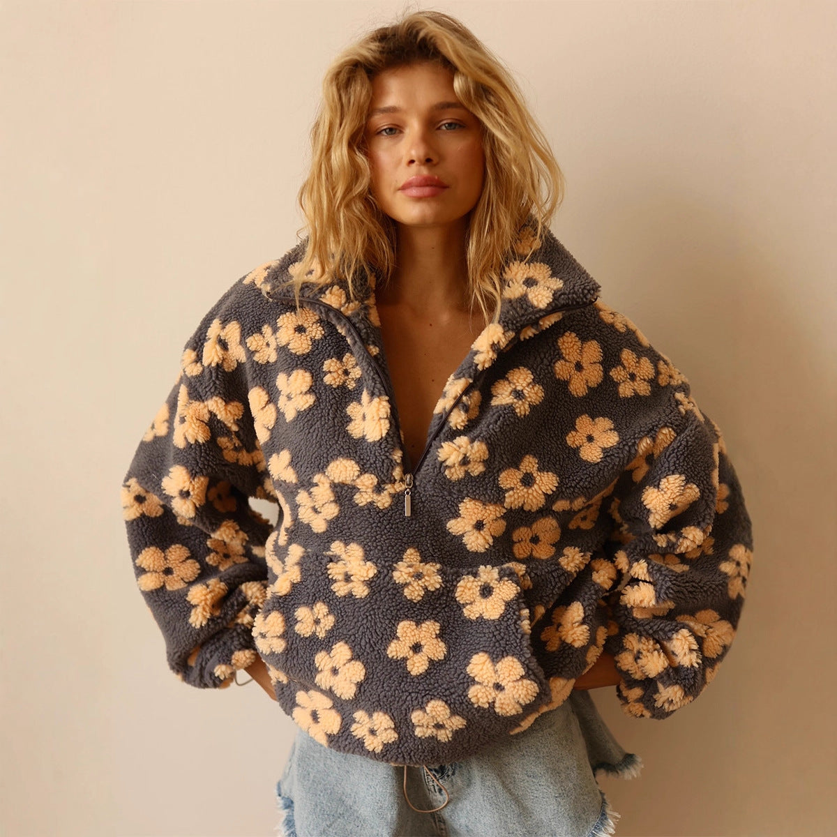 Floral Fleece Quarter Zip Pullover