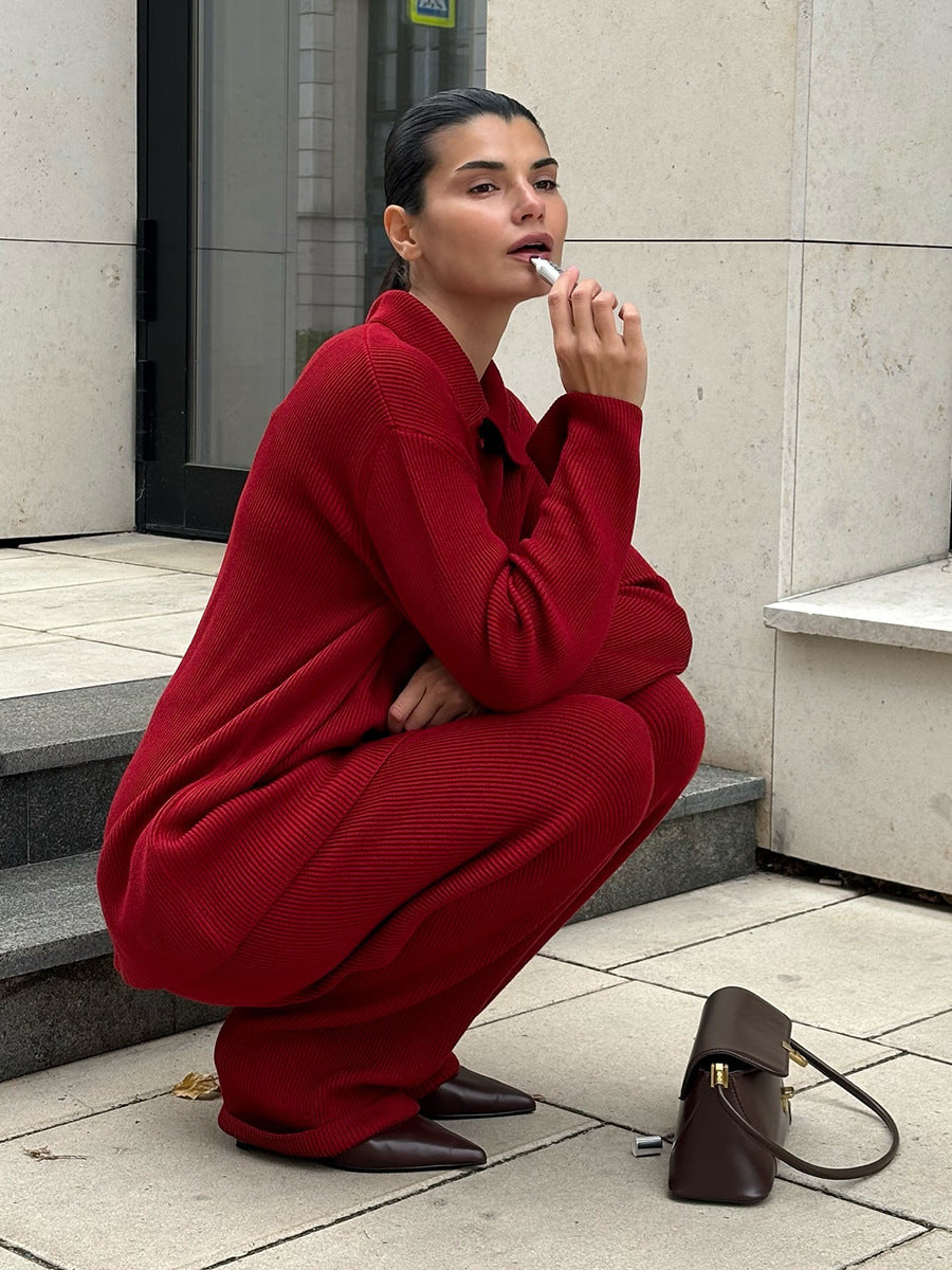 Collared Ribbed Knit Two Piece Set