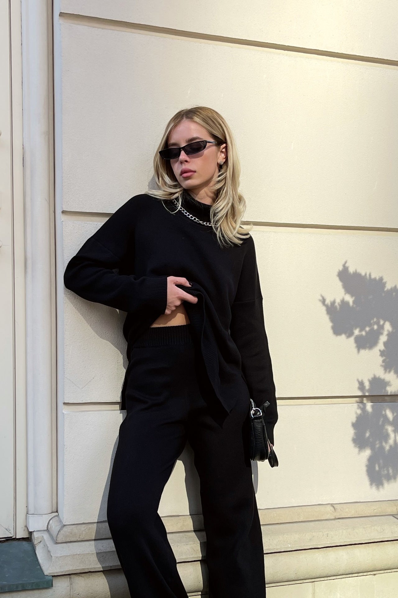 High Neck Side-Slit Knit Sweater