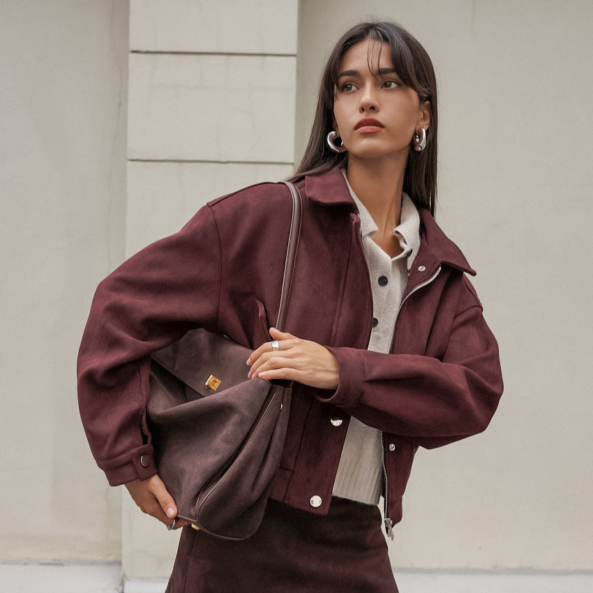 Suede Zipper Bomber Jacket