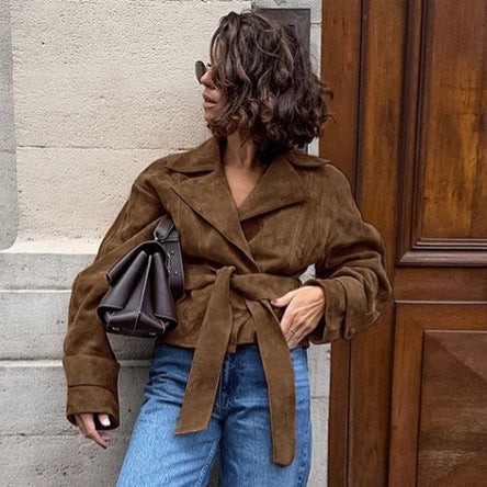 Suede Belted Double Breasted Jacket