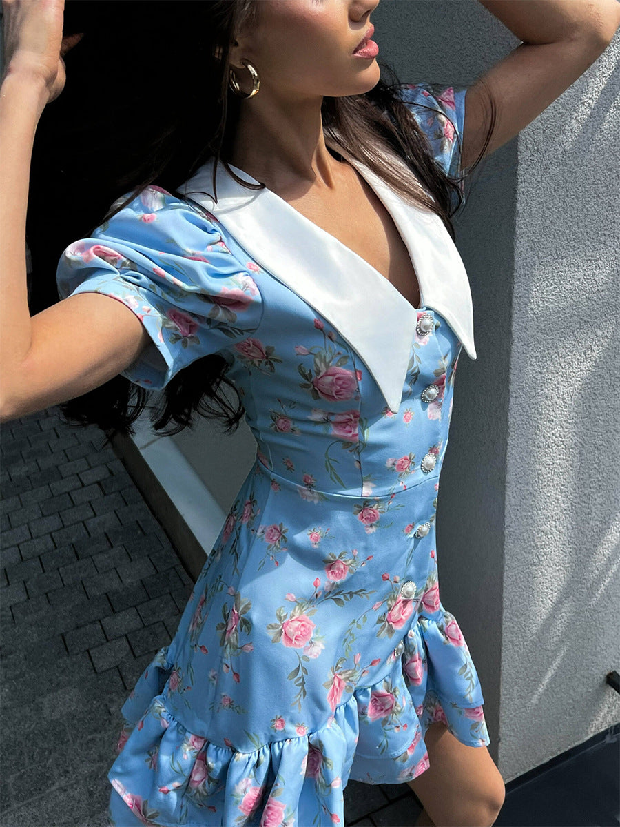 Floral Puff Sleeve Ruffled Mini Dress