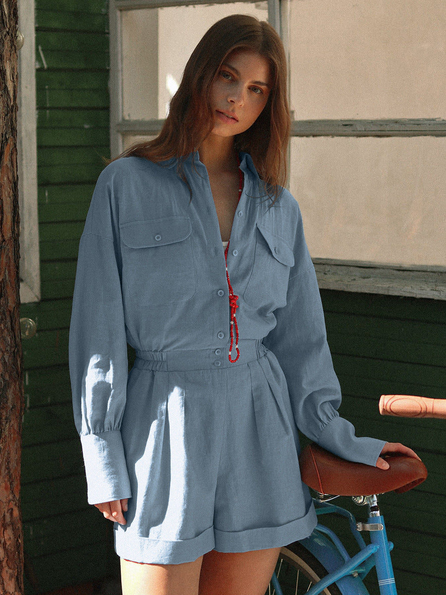 Linen Long Sleeve Short Jumpsuit