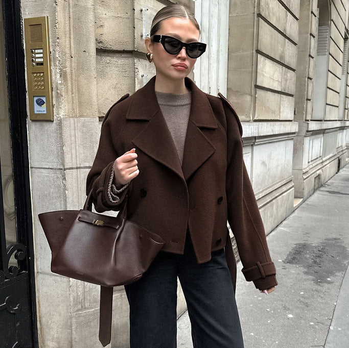 Cropped Wool Blend Double Breasted Coat