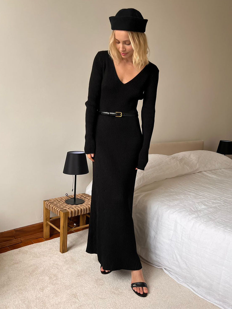 Ribbed V-Neck Knit Maxi Dress