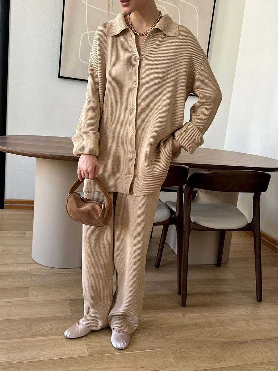 Collared Ribbed Knit Two Piece Set