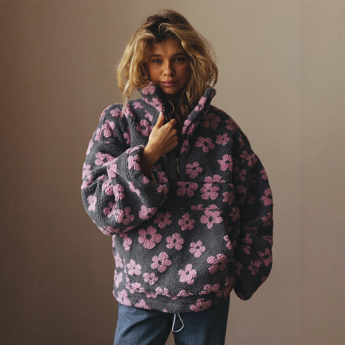 Floral Fleece Quarter Zip Pullover