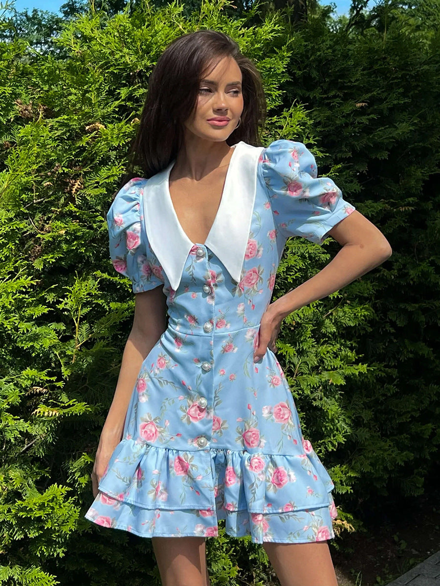 Floral Puff Sleeve Ruffled Mini Dress