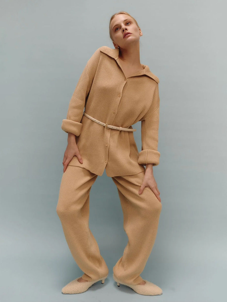 Collared Ribbed Knit Two Piece Set