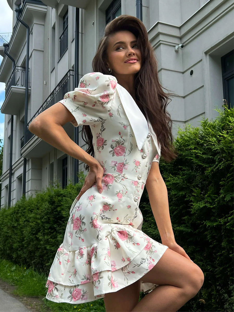 Floral Puff Sleeve Ruffled Mini Dress