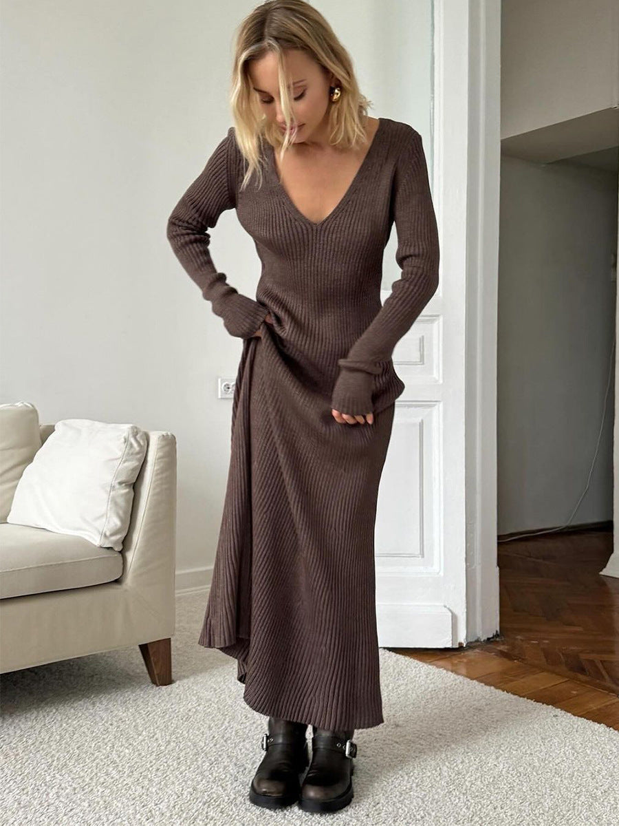 Ribbed V-Neck Knit Maxi Dress