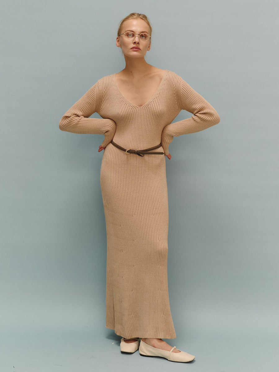 Ribbed V-Neck Knit Maxi Dress