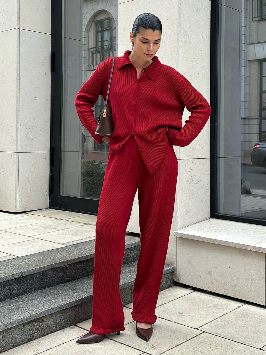 Collared Ribbed Knit Two Piece Set