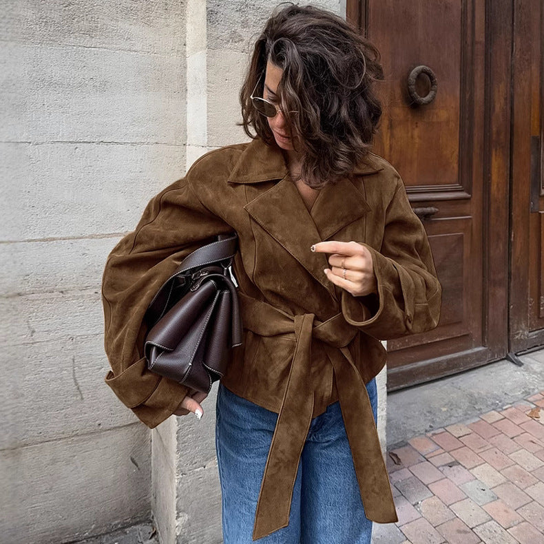 Suede Belted Double Breasted Jacket