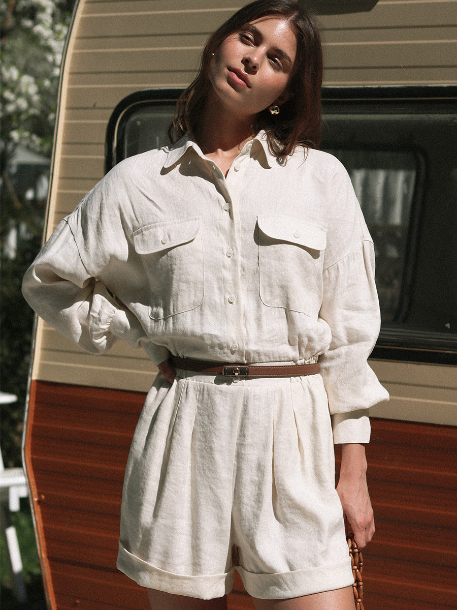Linen Long Sleeve Short Jumpsuit
