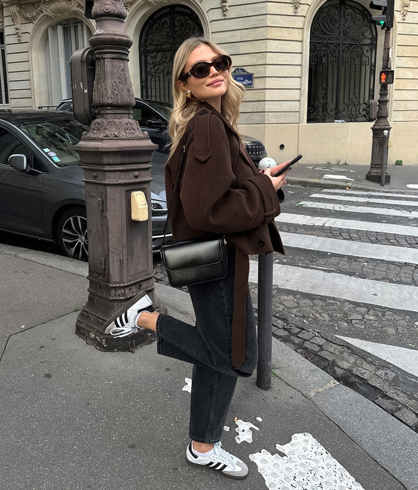 Cropped Wool Blend Double Breasted Coat