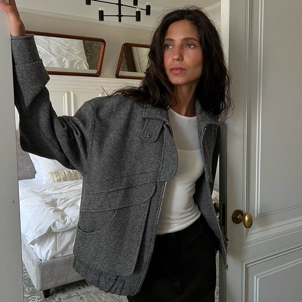 Herringbone Zipper Wool Jacket