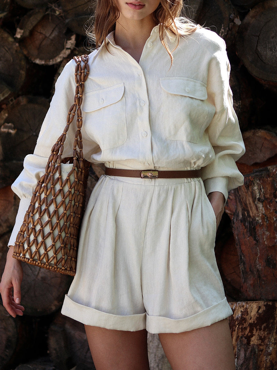 Linen Long Sleeve Short Jumpsuit