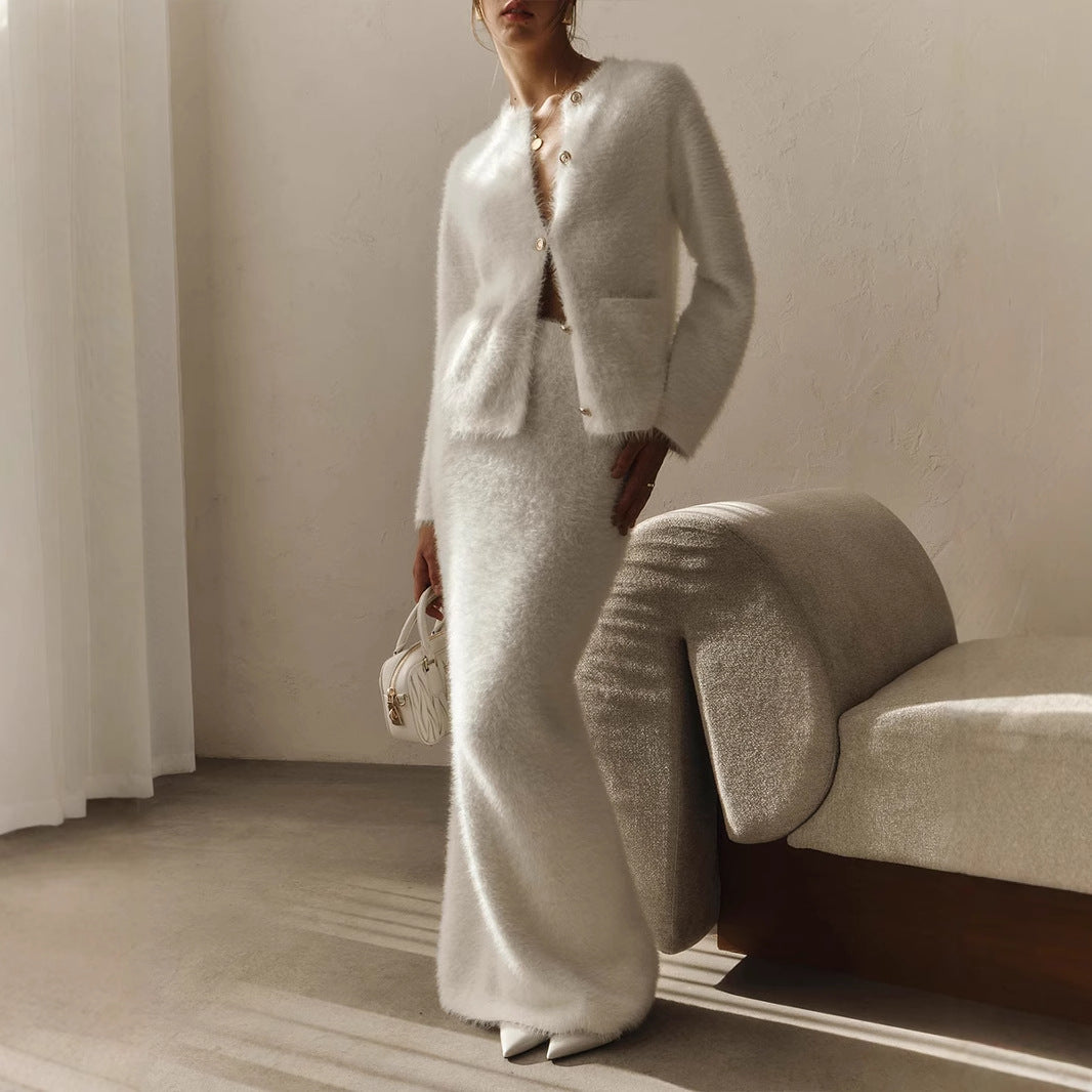 Fuzzy Button Cardigan & Skirt Set