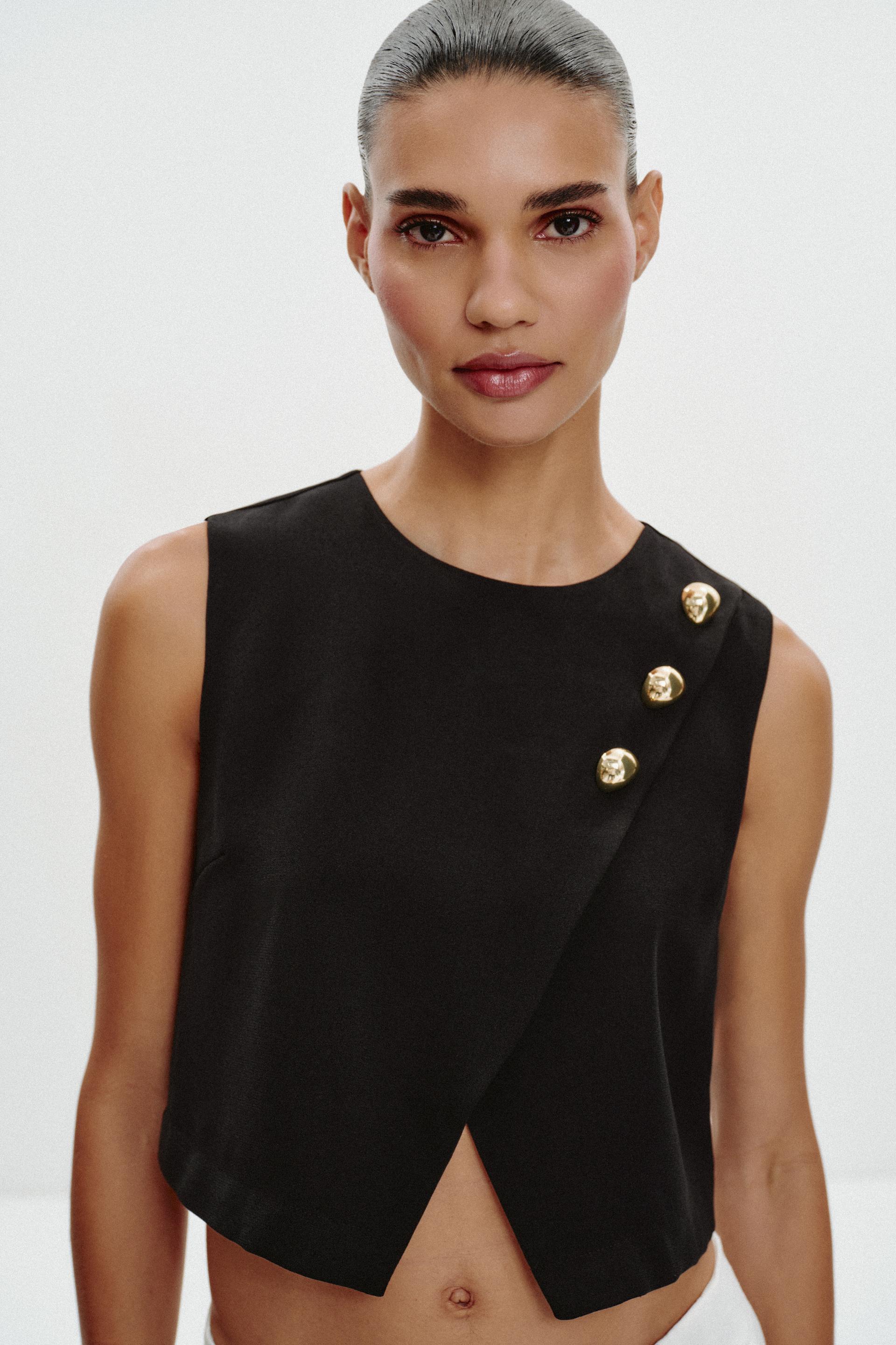 Asymmetric Gold-Button Crop Top