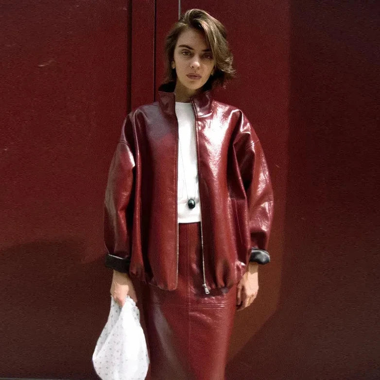 Stand Collar Faux Leather Jacket