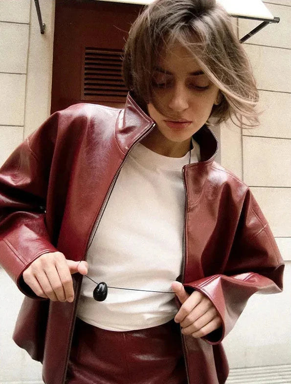 Stand Collar Faux Leather Jacket