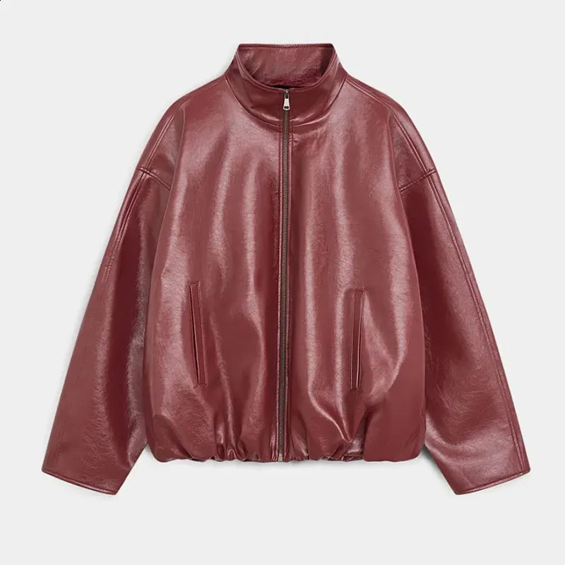 Stand Collar Faux Leather Jacket