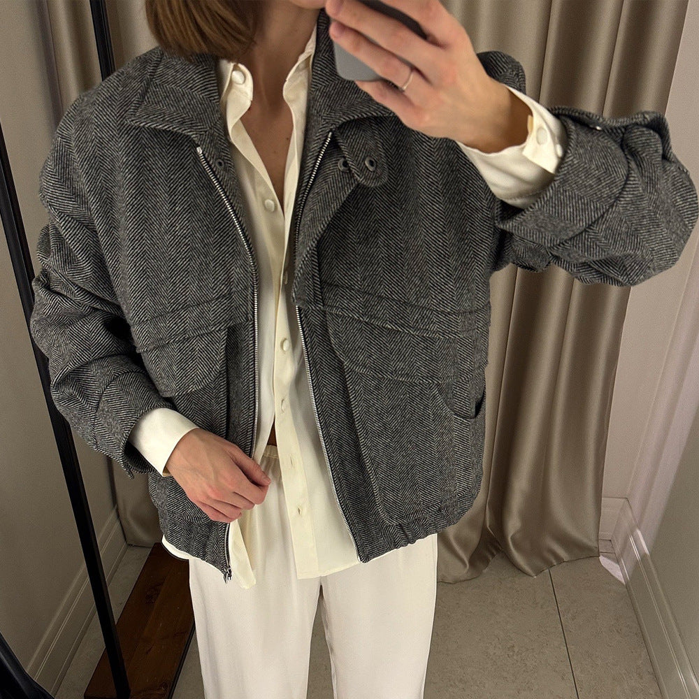 Herringbone Zipper Wool Jacket