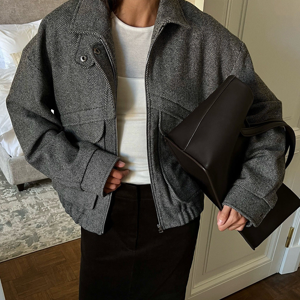Herringbone Zipper Wool Jacket